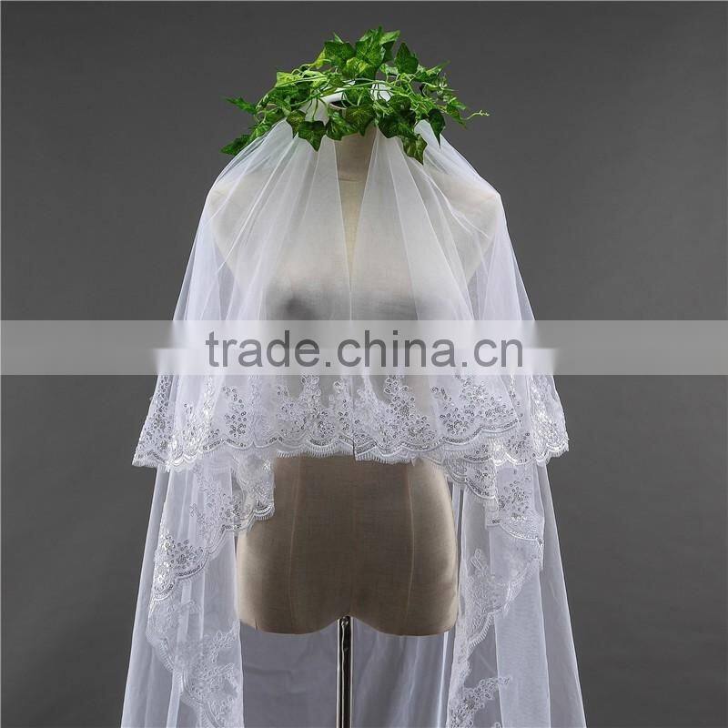 New grance Fashionable long Tulle Wedding Bridal Veils & TwoTiers Tulle Cathedral Bridal Veil HL08