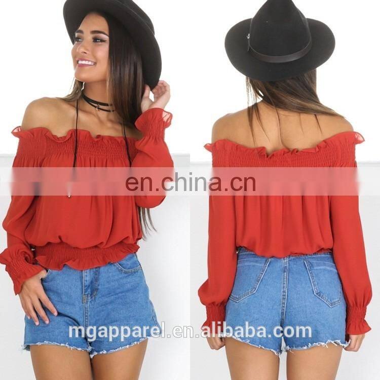 New design long sleeve ladies off shoulder crop top,women off shoulder blouse
