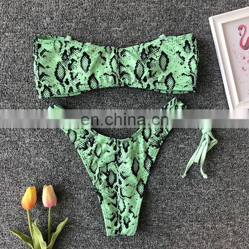 2019 Sexy Snake Print Bandeau Bikini Set Women Wrapping Bow Off Shoulder Strap Mujer Two Piece Padded Swimsuit Biquini