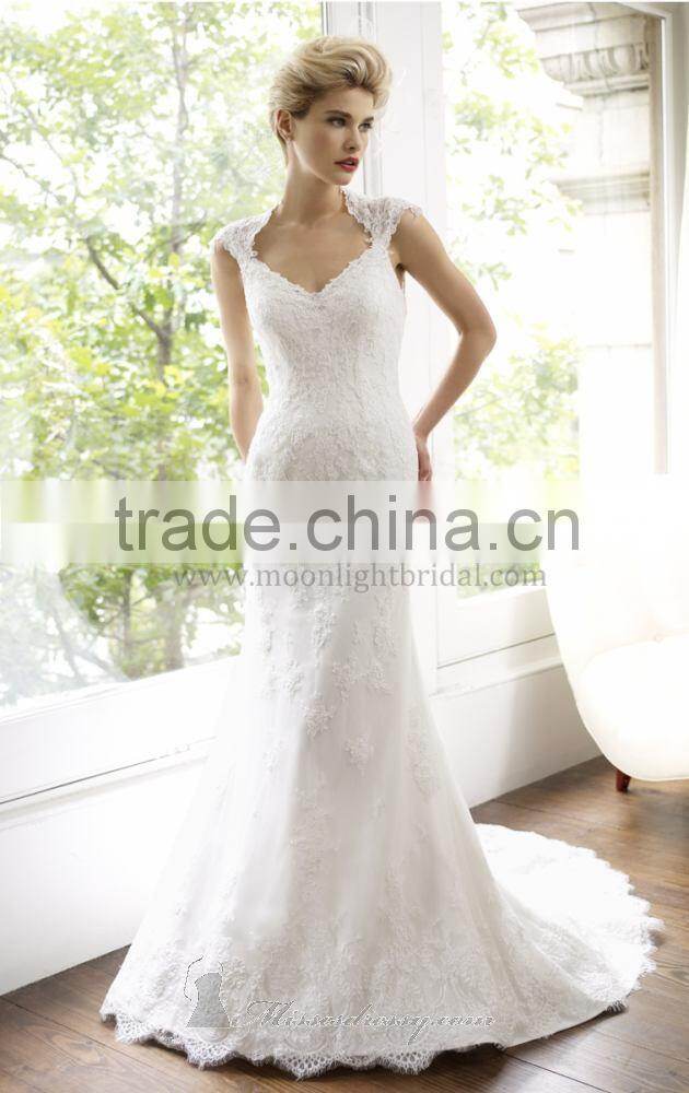 Shealth V-line Neckline Cap Sleeves Full Back over Lace Wedding Dresses with Cap Sleeves