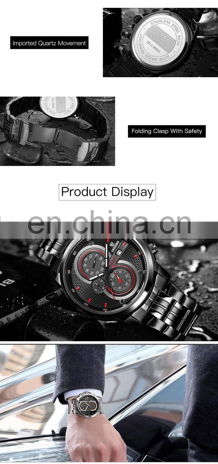 CADISEN 9054 Classic black metal stainless steel strap day showed quartz analog waterproof fashion watch man