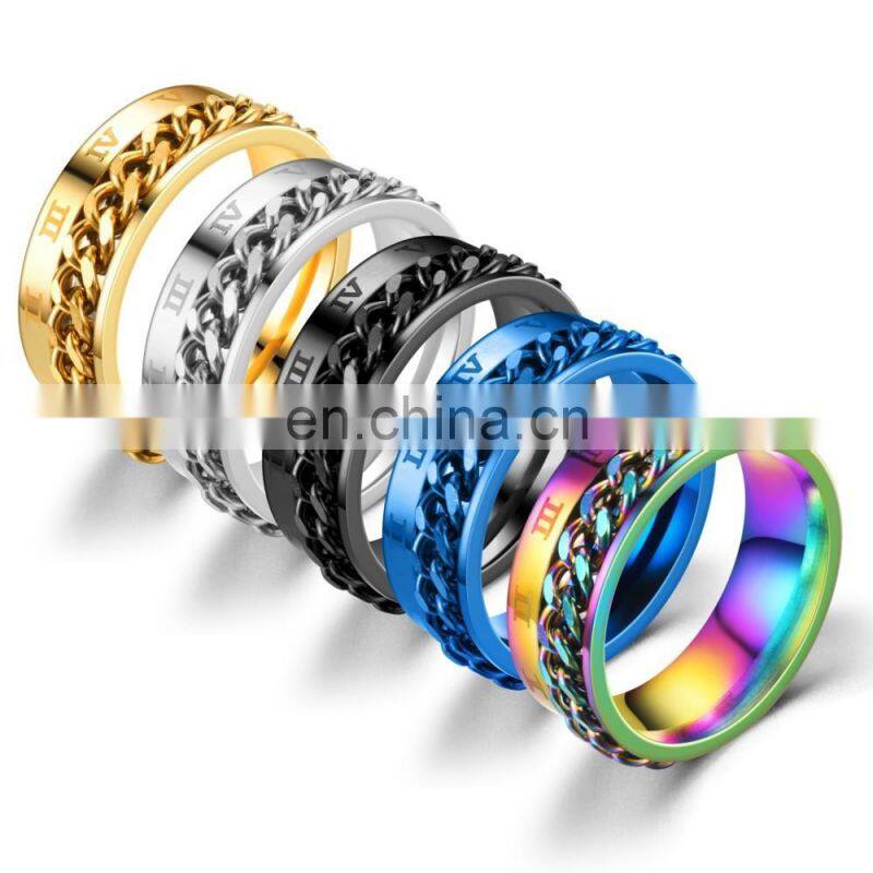 Rotatable Curb Chain Ring for Men 8mm Stainless Steel Roman Numeral Band Male Punk Jewelry Rings