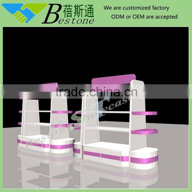 Retail store used purple cosmetic display shelf with drawer