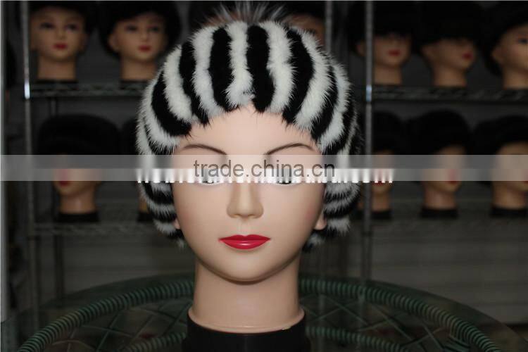 Women Beanies Real Stripe Knitted Mink Fur Caps With Top Silver Fox Fur Ball Hats