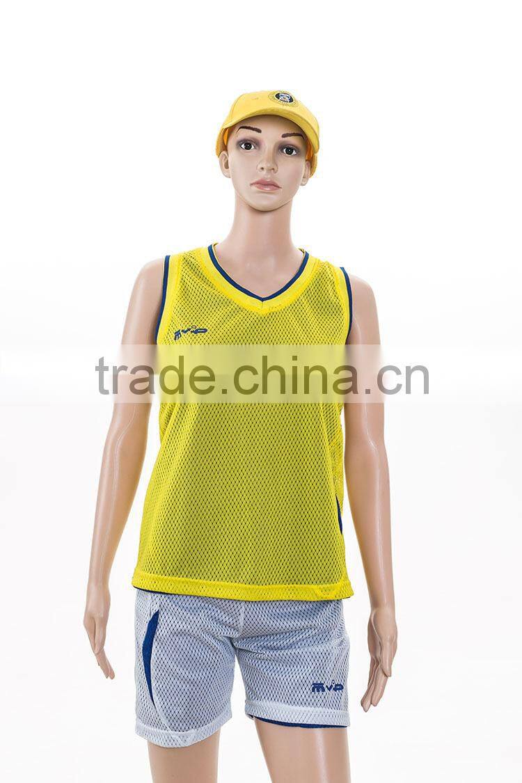 yellow contrast blue mesh fabric digital printing sleeveless basketball uniforms yellow