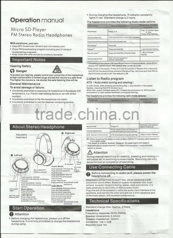 Micro SD player FM stereo radio headphones