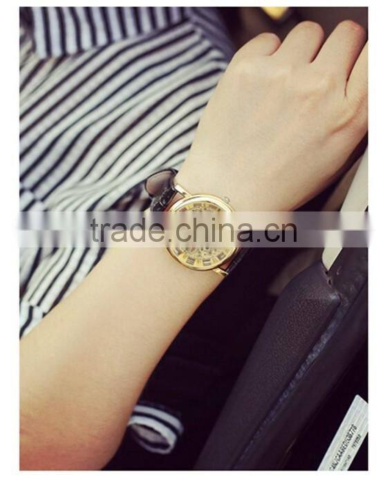 Charming Silvery Color Black Leather Strap Business Gift Genuine Skeleton Watch