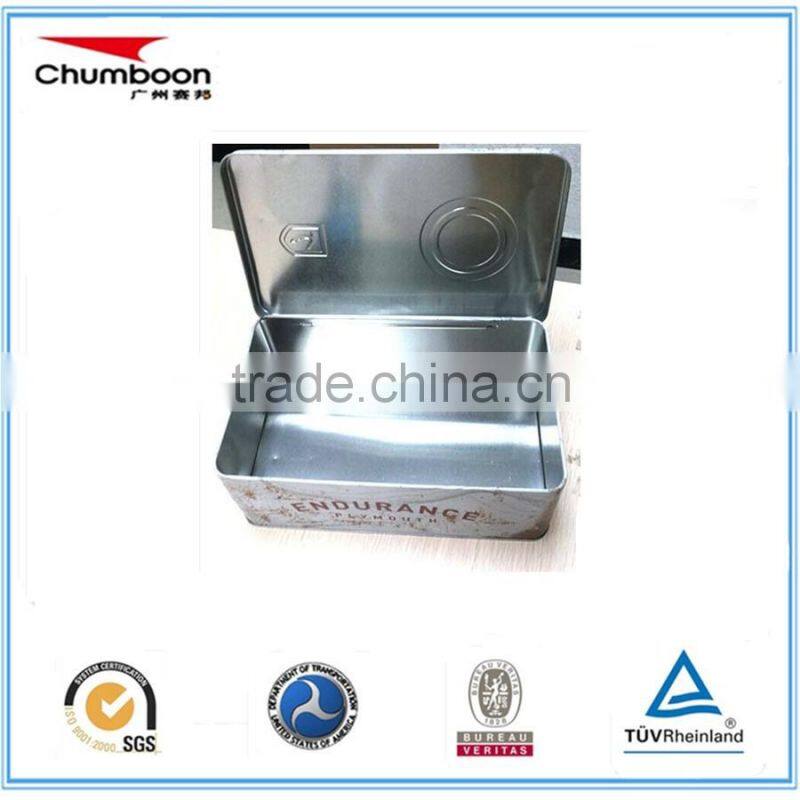rectangel CMYK gift hinged tin can / OEM factory biscuit chocolate tin box / cheap metal box