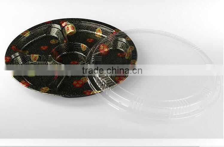 13" round embossing sakura PS plastic 6 compartment disposable food tray