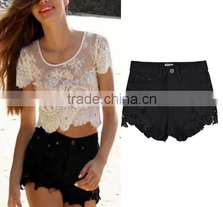 2016 Summer Fashion Women Lace Patchwork Ripped Denim Shorts Cotton Ladies New Style Tassel Fringed High Waist Short Pants