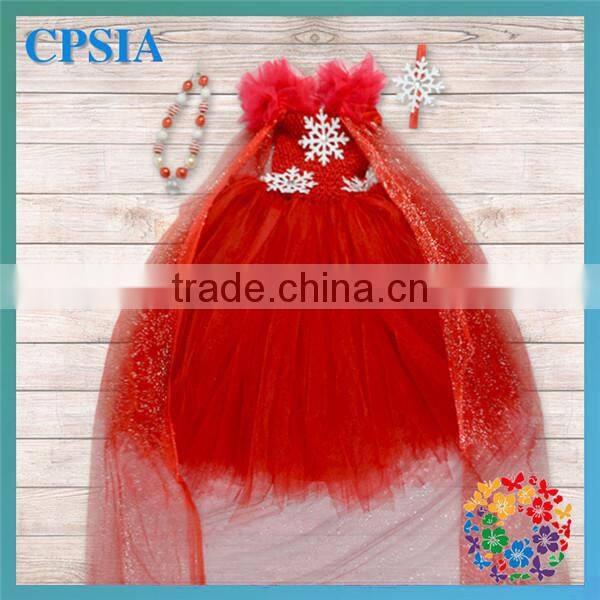 Children Boutique Clothing Girls Fancy Long Red Glitter Cape Snowflake Flower Tulle Dress Christmas Wholesale