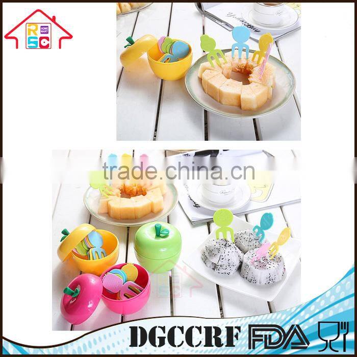 1Set Apple Box 10 PCS Plastic Fruit Fork Stand Container Kids Cake Dessert Forks