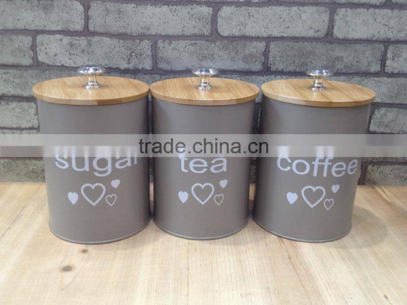 New customized pattern kitchen metal caddy tea sugar coffee canister jar with bamboo lid