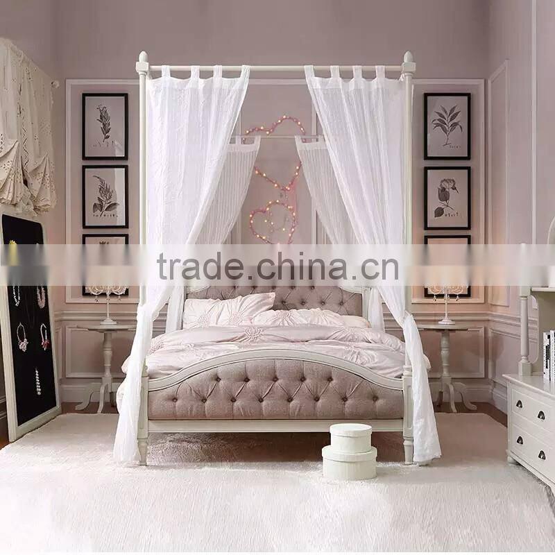 Princess Wonderland Luxury European Style Solid Wood Tufted Bed with Pure White Poster and Canopy BF11-02274e