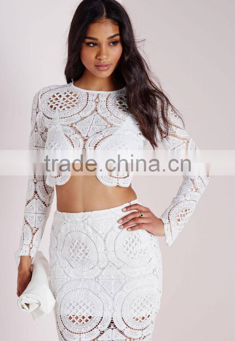 Crochet ladies fashion two piece sets three color designs Bridesmaide wear white lace sets