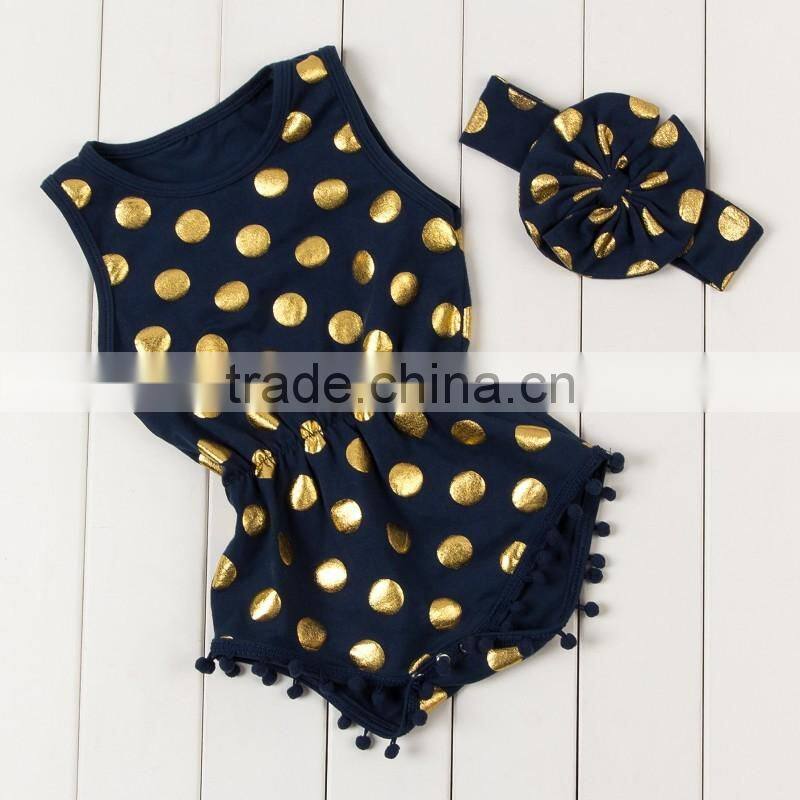 2017 Wholesale baby clothing baby girl boutique romper fashion gold polka dots pompom jumpsuit with headband