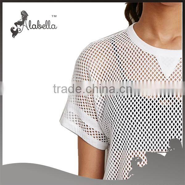 Top tee white t-shirts with mesh fabric sexy t shirts for women