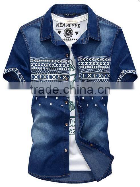 Mens jeans shirt new fashion printed short sleeve slim shirt 22