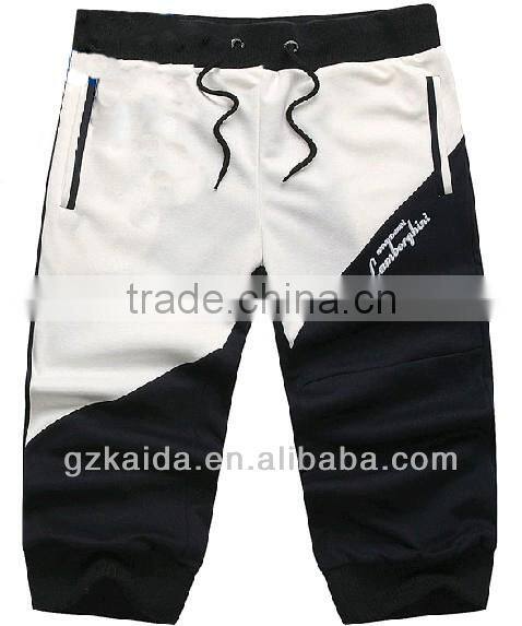 100% Cotton Sweater Cloth Men's Casual 3/4 Short Beach Pants with Joined Color Embroidery Contrast