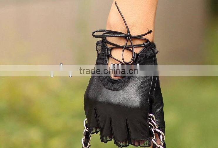 2014 fashion sheep leather gloves cut fingers for woman
