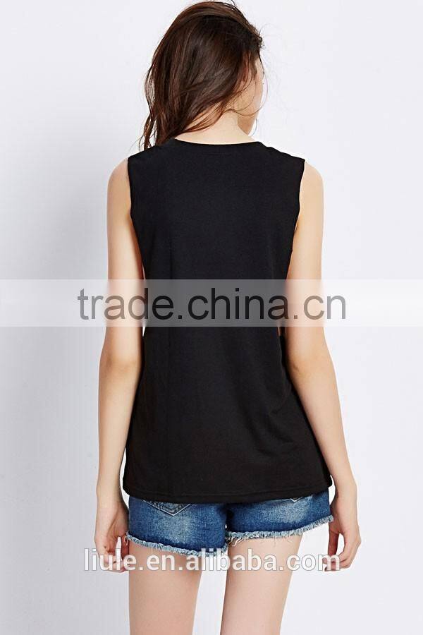 Women Gym Slim Black Print Round Neck Casual Tank Top ladies summer tank top