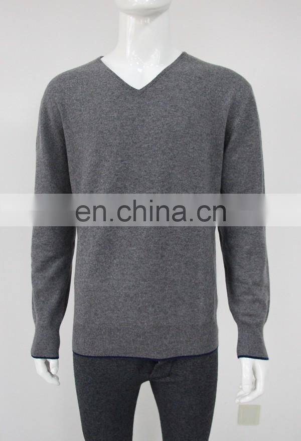 High Quality 12GG casual men's v-neck 100% cashmere sweater with elbow patches