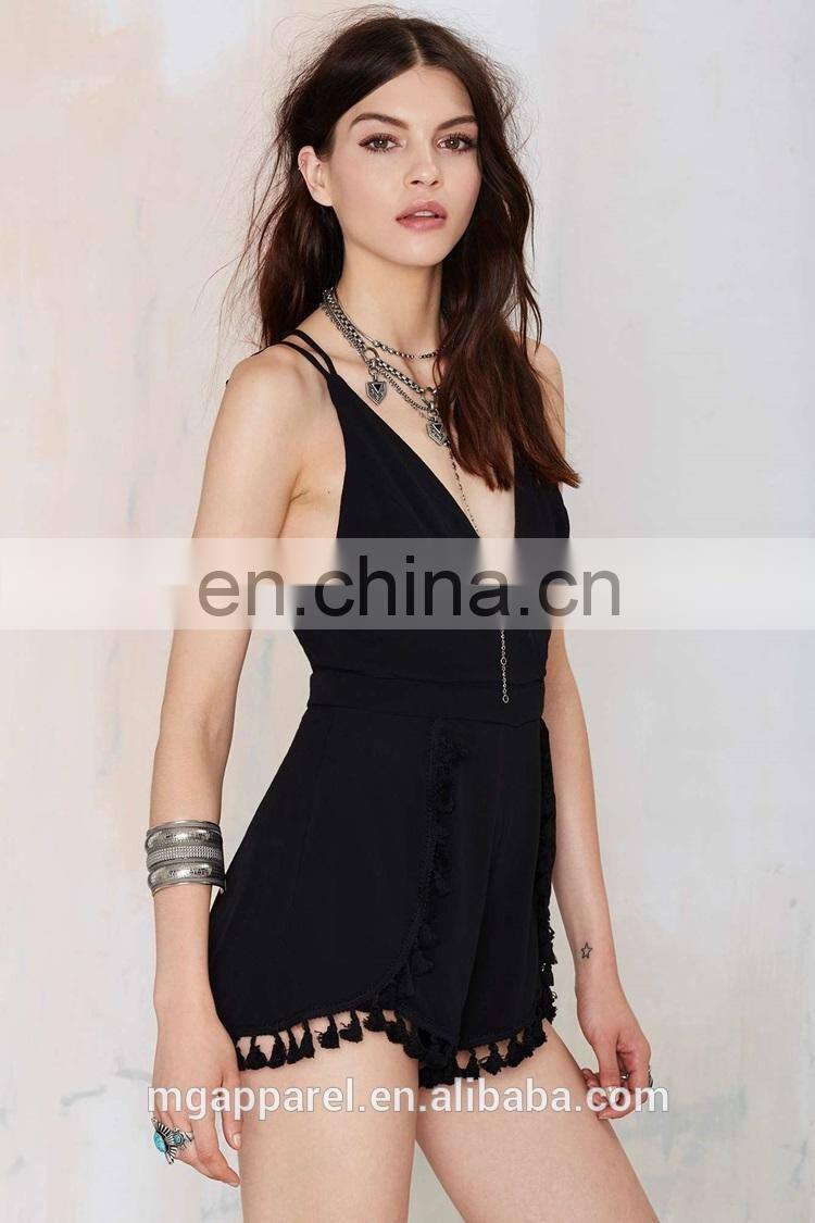 Dongguan manufacturer black plain romper tassel sexy adult romper pattern for ladies