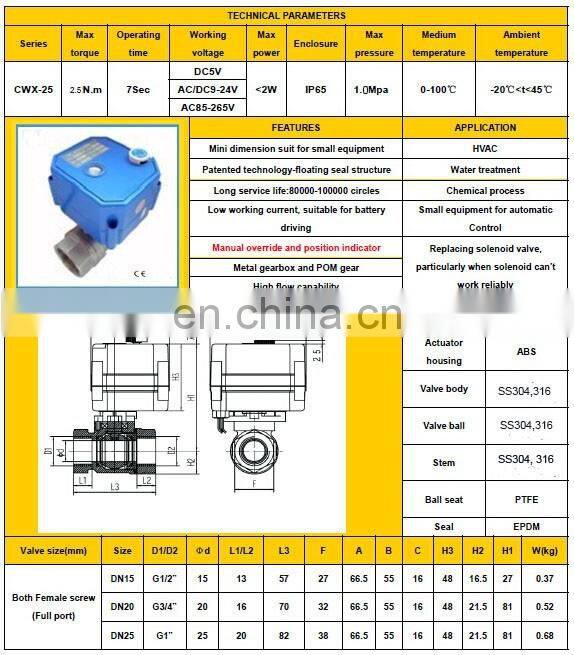 CWX-25S DN25 G1" BSP 2 way SS with manual override function electric motor operated ball valve DC24V CR01S 5 wires