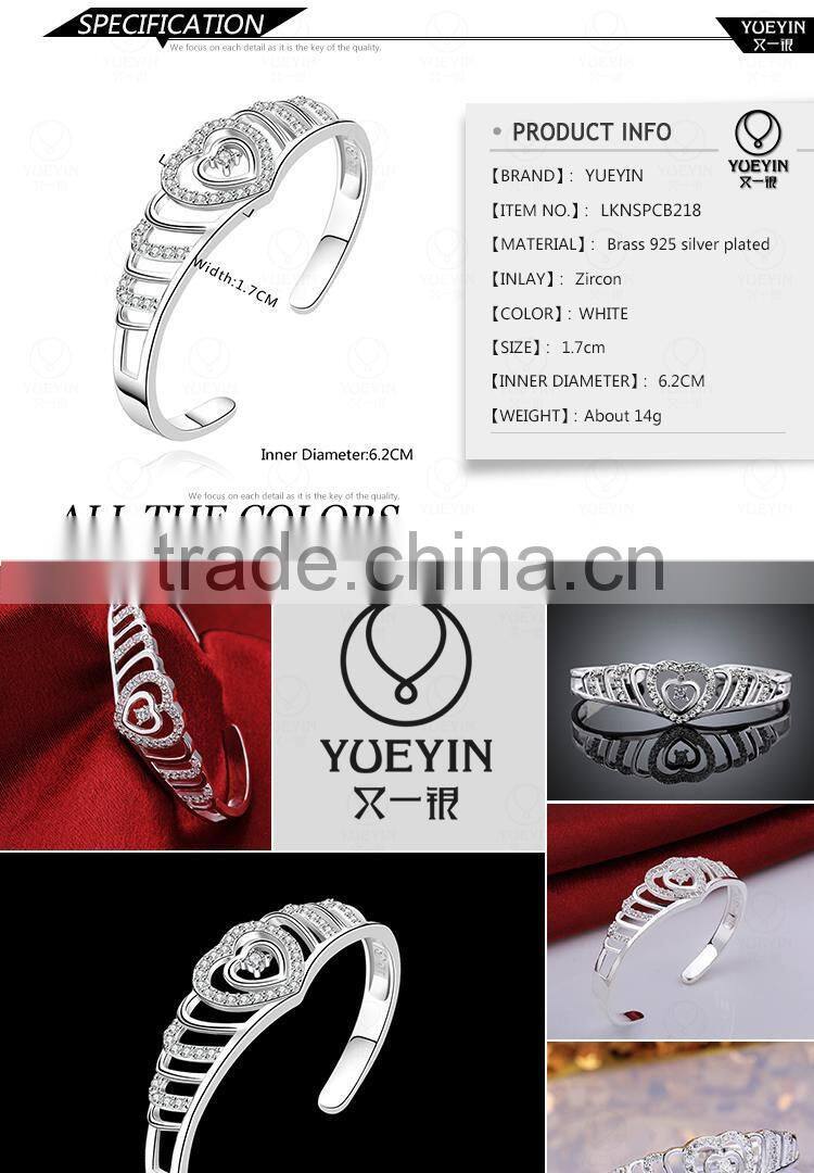 Exquisite Brass Sample Accepted Women Heart Designs Silver Plated Bangle