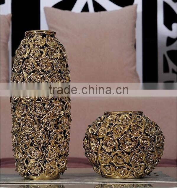 Golden centerpiece home decoration ceramic vase with rose design