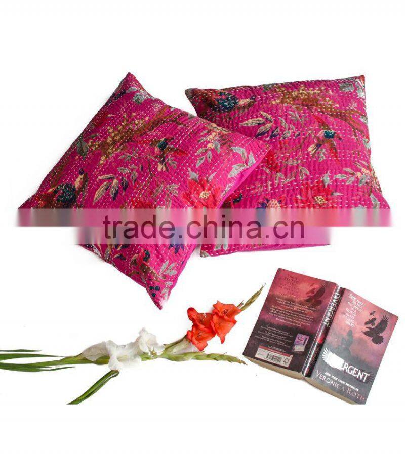 Indian Kantha Cushion Cover Bird Print Kantha Pillow Cover
