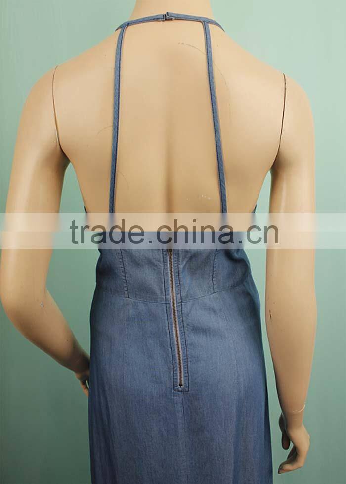 Backless adjustable blue color washed maxi women denim dress DD150932698