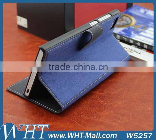 for XiaoMi Mi3 Wallet Stand Cover Folio Jeans Leather Case with Built-in Card Slot Factory Price
