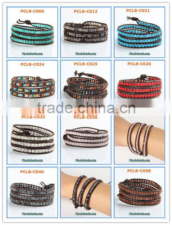 Hot Sale High Quality 6mm Agate Three Leather Wrap Bracelets Wholesale PCLB-C052