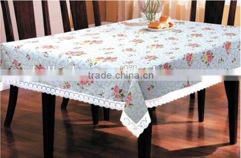 flower printed with lace edge vinyl table cloth, wholesale price for table cloth