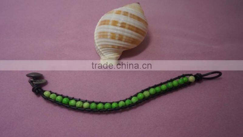 Artifical Emerald Bead Bracelet with Leather Cord and Metal Charm Superlight