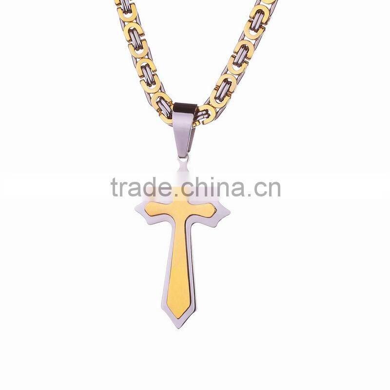 Retro European And Amerian Style Titanium Steel Gold Inlaied Silver Cross God Pendant Chain Necklaces For Christianity Church