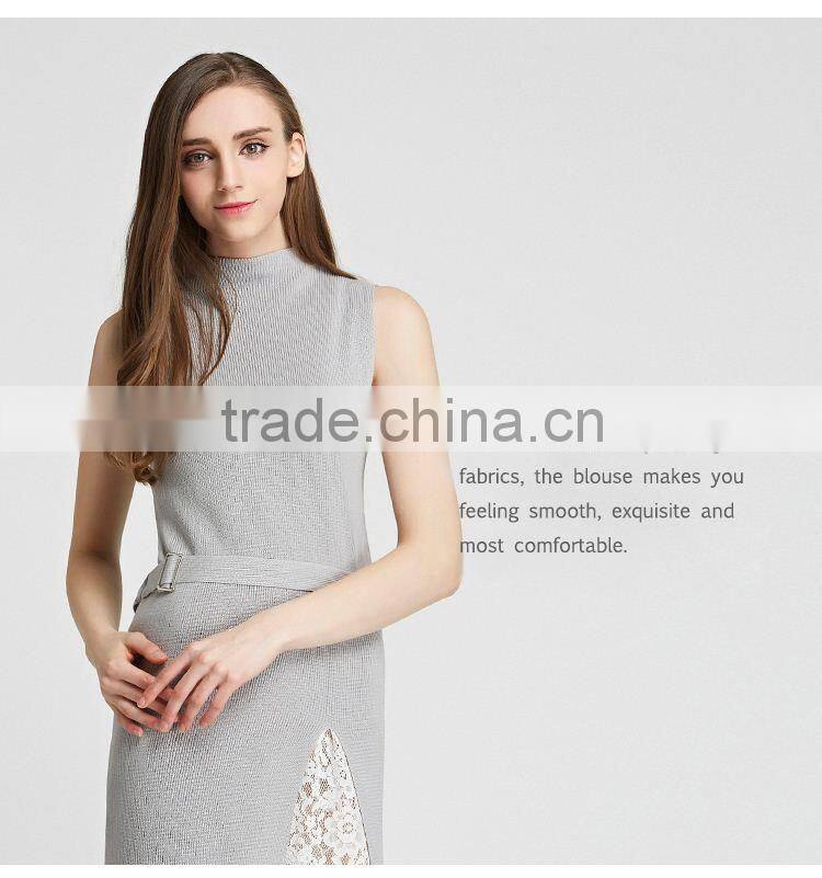 Fashion Lady Sleeveless Knitting Dress 2016 Summer Woman Thin Long Sweater Pullover Femme Robe De Tricot Lace Patchwork