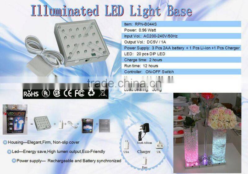 Rechargeable battery operated led table centerpiece light base/led under vase light base