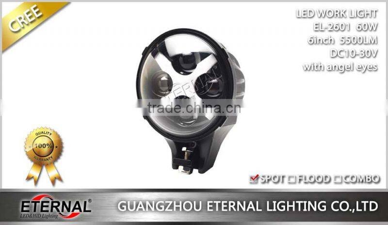 6in 60W round led work light with halo angel eyes for Jeep wrangler motorcycle powersports 4x4 racing vehicles
