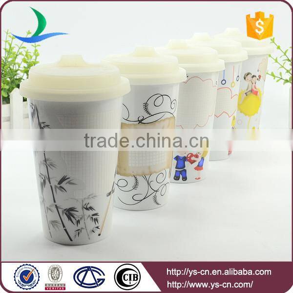 Promotional double layer ceramic travel coffee mug with lid China Factory