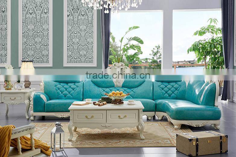 Graceful European style living room furniture solid wood lily carving leather corner sofa set