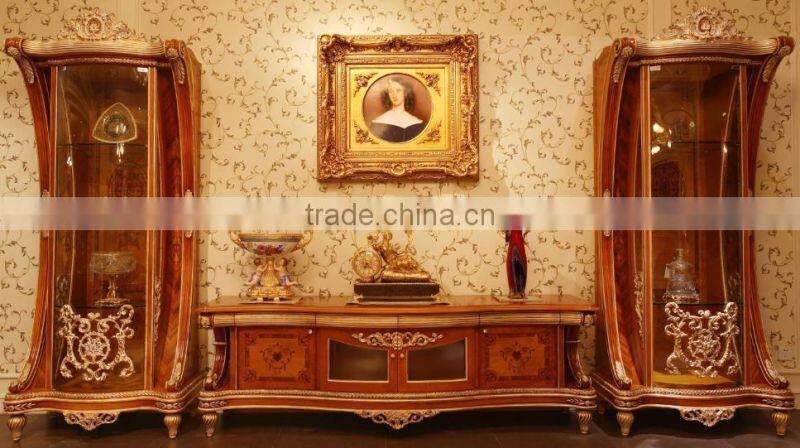 French Brass Decorated Wooden Living Room Furniture Display Cabinet With TV Stand/ Antique Glass Single Door Wine Showcase