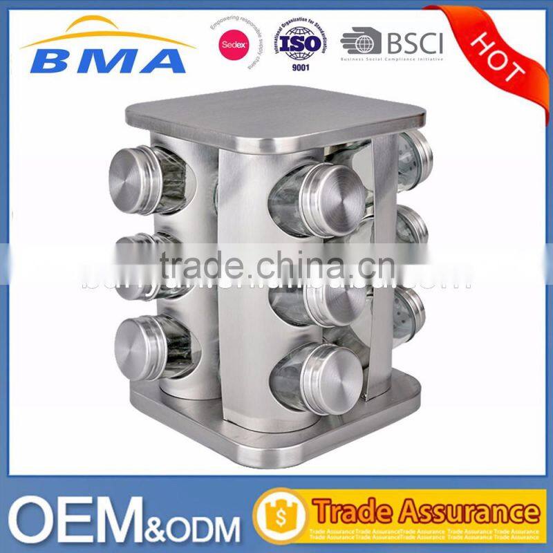 12 jars Glass Condiment Kitchen Set Stainless Steel Revolving Spice Rack set