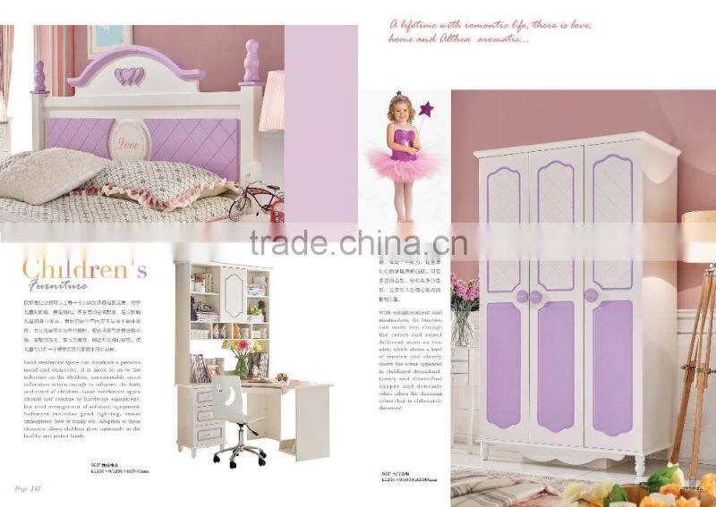 MJ606 girls/lady pink white bedroom set wooden children single queen bed set study desk three door wardrobe full set princess