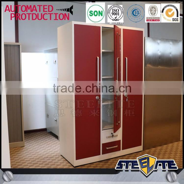 Bedroom furniture metal clothes closet 3 door wardrobe with mirror