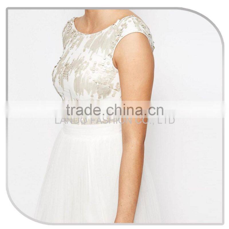 Customized New fashion cap sleeve free prom one piece dress sequin stitching double layer chiffon dress