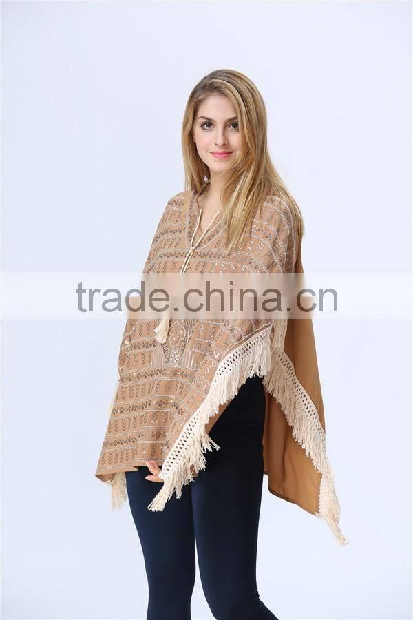 New Arrival Ladies Fashion Design Elegant Winter/Autumn Tan Colour Dolman/ Cape/Shawl Coat With Fringing and Beading for women
