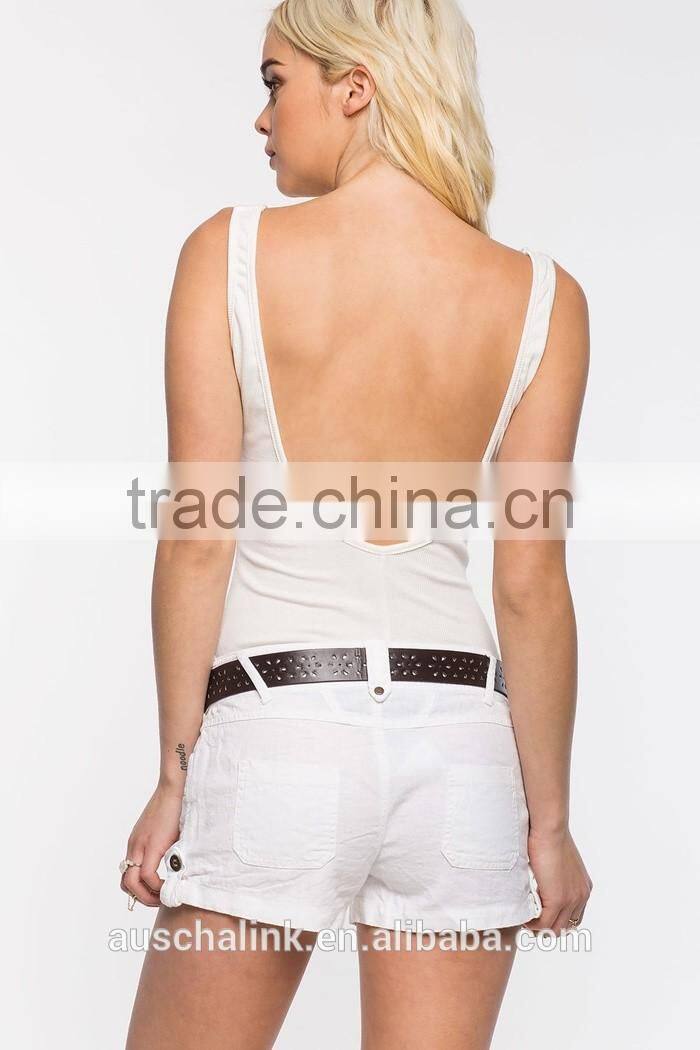 summer nice design women white belted linen shorts wholesale