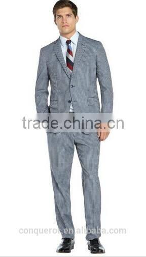 Blue And Grey Check Wool Two Button Suit(SHT1146)
